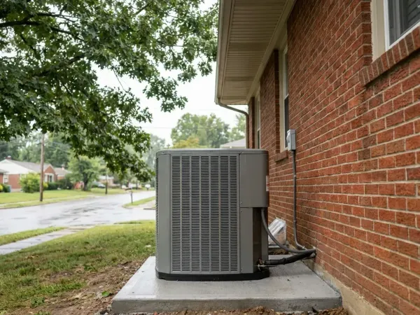 New high-efficiency HVAC unit installed beside a Louisville brick bungalow under soft Ohio River valley overcast sky