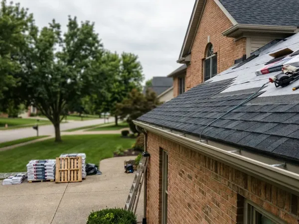 Roofing crew installing architectural shingles on a Louisville-area home under soft Ohio River valley overcast sky