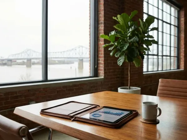 Louisville financial advisory office in a converted brick building with Ohio River view and warm interior lighting
