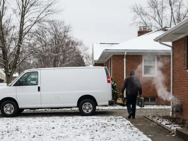 Professional HVAC technician servicing a furnace in a Toledo, OH home basement