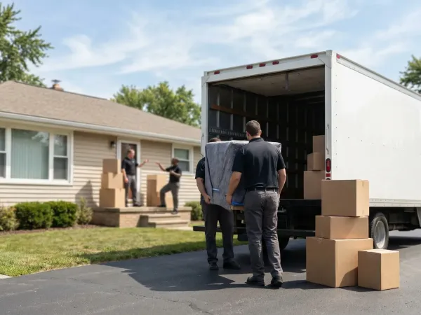 Professional uniformed movers loading furniture onto a moving truck outside a Toledo, OH residential home