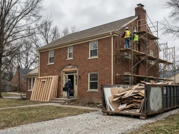 General contractor and crew renovating interior of older Toledo, OH home with new cabinetry installation in progress