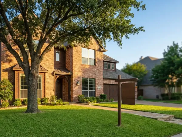 Real estate agent reviewing a home listing on a tablet inside a modern Plano TX home with open floor plan