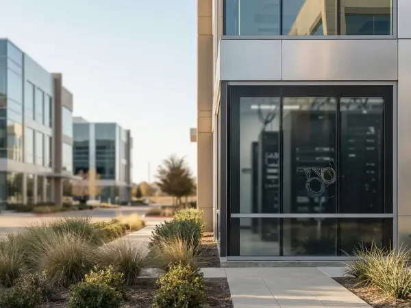 IT technician deploying network infrastructure in a modern Plano TX SMB office with corporate campus visible through window