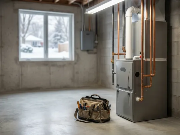 Professional HVAC technician servicing a residential furnace in a Madison, WI suburban home basement in winter