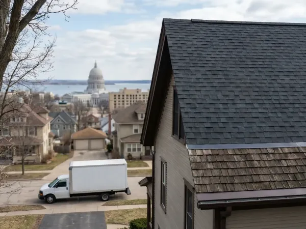 Professional roofing contractor installing architectural shingles on a residential home in Madison, WI with suburban neighborhood in background
