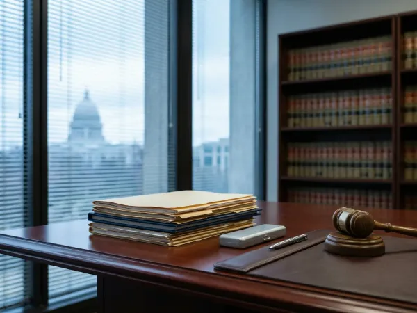 Professional law office interior in Madison, WI with Capitol dome visible through window, reflecting local legal expertise