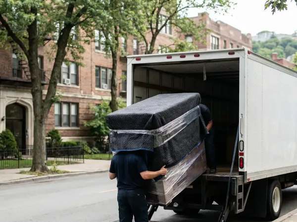 Professional movers in branded uniforms loading furniture into moving truck on a Madison, WI residential street with brick apartment building and mature trees