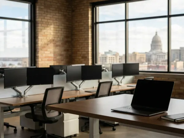 Software developer working at standing desk with multiple monitors showing code in a modern Madison, WI tech office with whiteboard architecture diagram visible