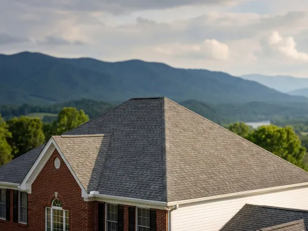 Professional roofing contractor inspecting residential roof in Farragut, Knox County, Tennessee with Great Smoky Mountains foothills visible in background