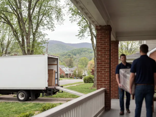Moving truck parked in front of craftsman bungalow in Knoxville Fourth and Gill neighborhood, movers carrying furniture under Appalachian hardwood canopy, Tennessee spring morning