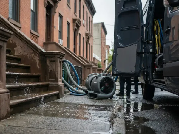 Water damage restoration crew with industrial drying equipment and dehumidifiers working in a Jersey City rowhouse basement, professional PPE and branded uniforms